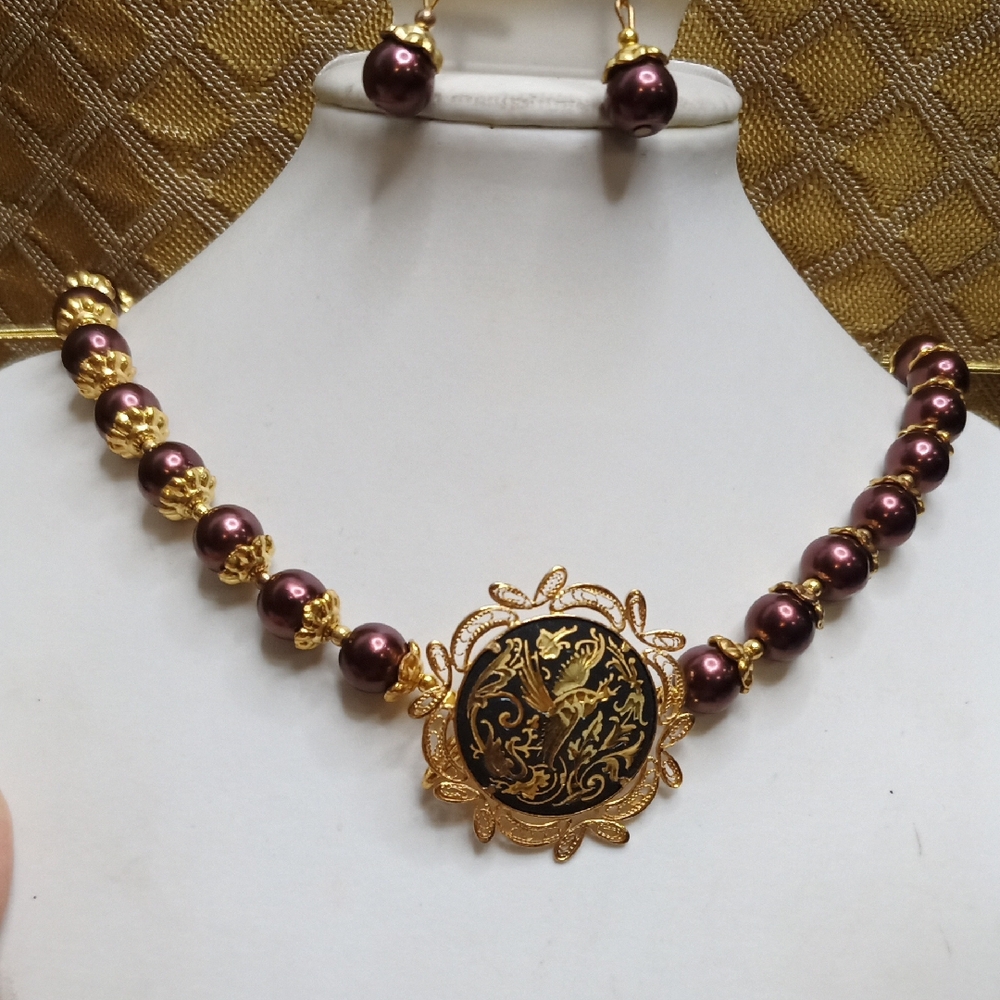 Vintage Damascene Toledo 24K Gold Plated Brooch & Brown Necklace Set